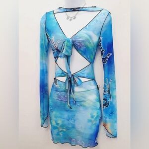 New Kollyy Blue Multicolor Butterfly Mesh Mini Dress - Y2K Style